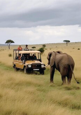 Beige jeep with a group of tourists running near elephant on 12-Day cheap joining safari in Tanzania and Kenya