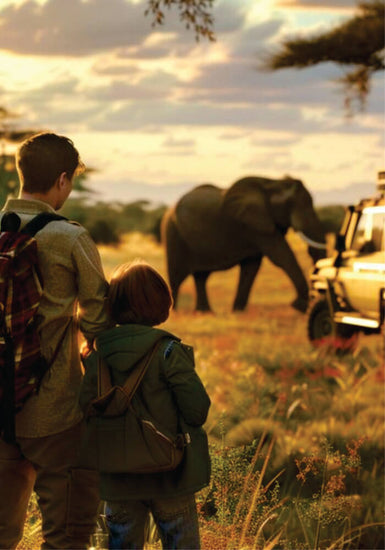 Large bull African elephant walking peacefully past a green safari vehicle jeep near two people on affordable jeep joining Safaris to Masai Mara