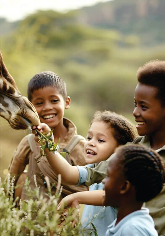 Four kids feeding a giraffe on 9-Day Kenya & Tanzania joining safari with kids