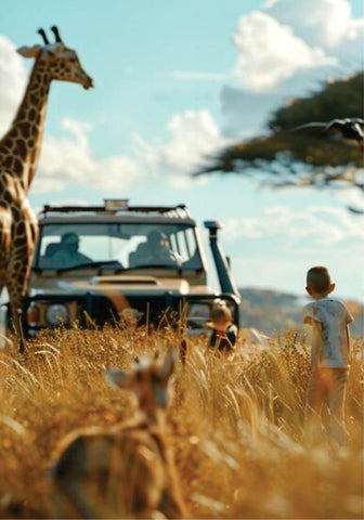 Green jeep running through grasslands near a giraffe, antelopes, and two kids on group joining African safari jeep tours