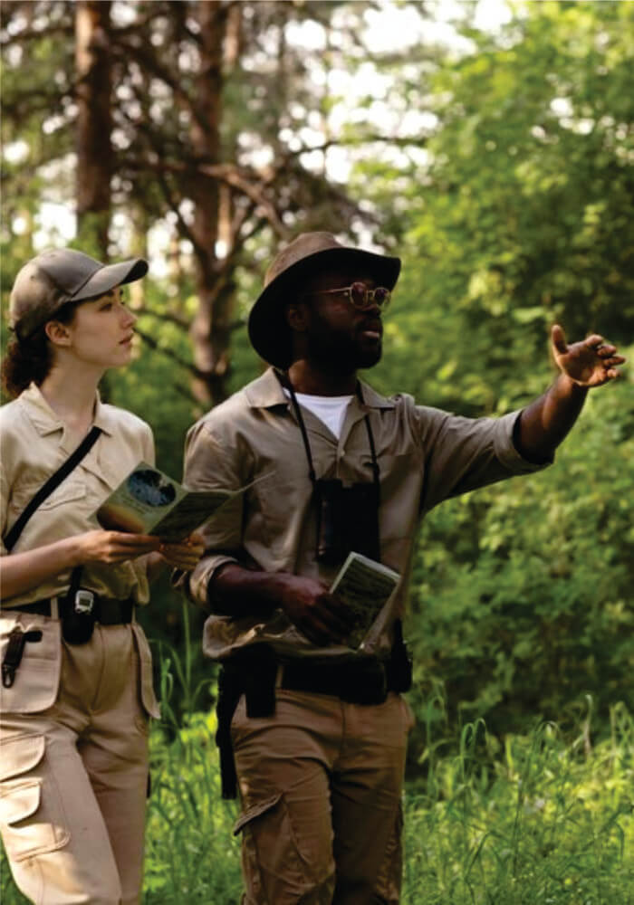 Two people walking in the bush near trees on affordable 2-people joining safari adventure in Kenya